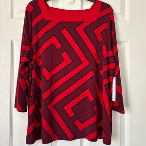 Liz Claiborne NWT Red and Black Geometric Square Neck Top Women’s Plus Size 0X